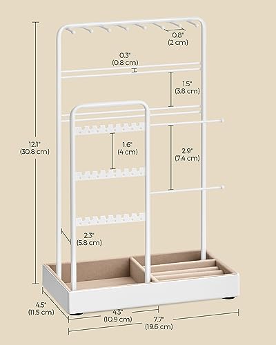 SONGMICS Jewelry Holder, Display Stand, Metal Frame, Velvet Tray - color: Matte White, size: 4.5"D x 7.7"W x 12.1"H