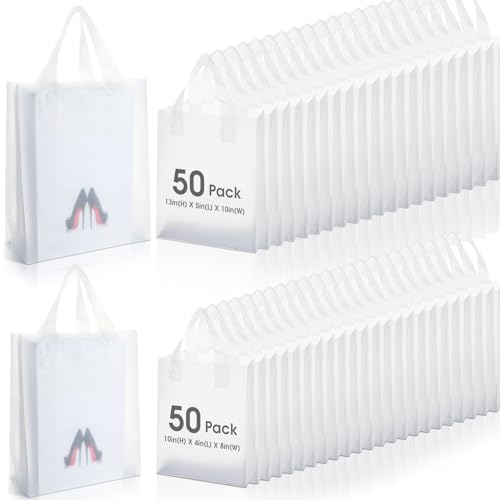 100 Pcs 2.5 Mil Thick Clear Frosted Plastic Bags with Handles Plastic Gift Boutique Shopping Bags Bulk with Cardboard Bottom for Small Business Retail Merchandise 2 Sizes