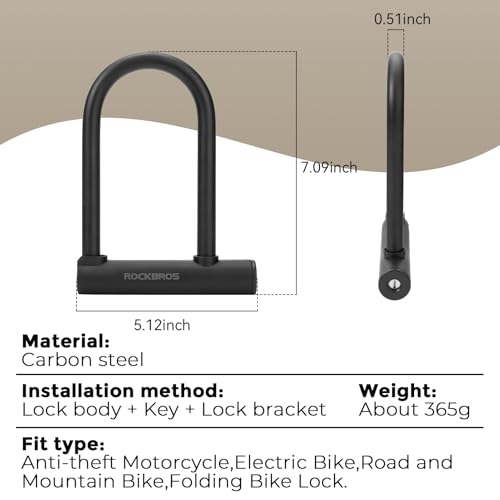 ROCKBROS Bike U Lock Anti Theft 4 ft Cable Mounting Bracket Keys