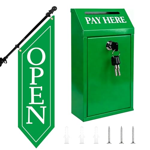 Locking Metal Cash Box with Key – 10.2"x5.7"x2.8" Money Collection Safe for Farm Stand or Retail – OPEN Flag Banner Kit with Pole & Bracket, Double-Sided Canvas Open Sign 42"x12" (Green) - color: Green