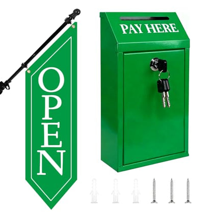 Locking Metal Cash Box with Key – 10.2"x5.7"x2.8" Money Collection Safe for Farm Stand or Retail – OPEN Flag Banner Kit with Pole & Bracket, Double-Sided Canvas Open Sign 42"x12" (Green) - color: Green