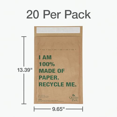 Quality Park 8 x 13 Curbside Recyclable Mailers, Brown Kraft Paper Padded Mailers, Self Seal Closure is Made with Water Based Glue, 100% Recyclable Materials, 20 Pack (1009462)