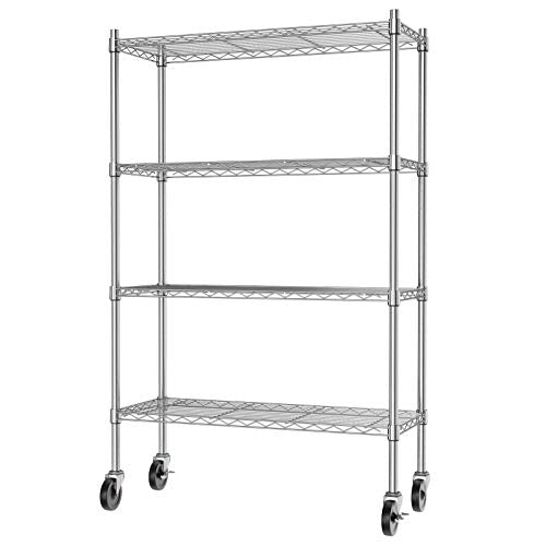 Auslar 4-Shelf Storage Shelves with Casters Heavy Duty 4 Tiers Rolling Cart Utility Racks Adjustable Wire Metal Shelving, Chrome - size: 4-Tier
