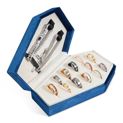 Mens Velvet Ring Box Organizer Coffin-Shape Unisex Storage Case for Rings - color: Blue&White