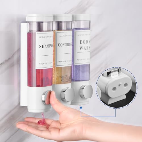 Shower Soap Dispenser Wall Mounted No Drill Shampoo Dispenser for Shower Wall Shampoo and Conditioner Dispenser Bathroom Hotel 3 * 350ml White with 3 Labels - color: White 3