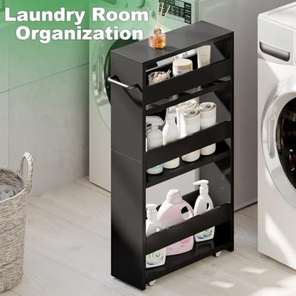 MARTY Slim Rolling Storage Cart, Wood Utility Kitchen Bathroom Laundry Cart - color: Black, size: 5.51"D x 15.75"W x 31.5"H