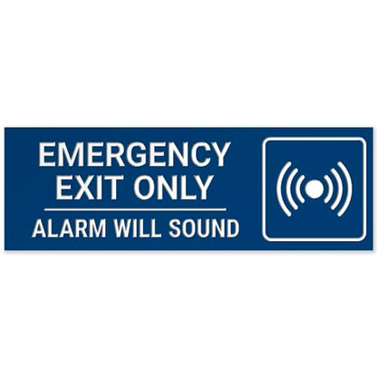 Emergency Exit Only Alarm Will Sound Sign, Engraved, - color: Blue, size: 2x6