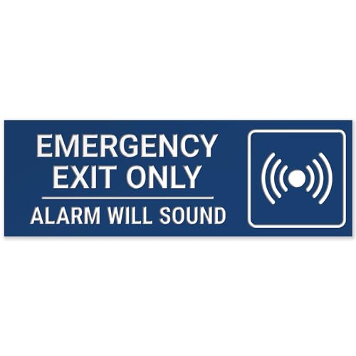 Emergency Exit Only Alarm Will Sound Sign, Engraved, - color: Blue, size: 3x9