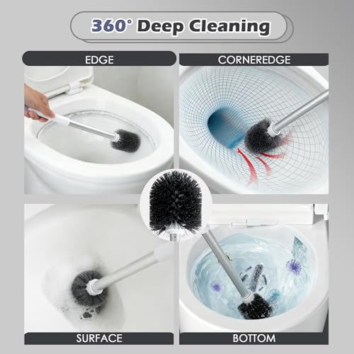2-in-1 Toilet Brush and Holder Set with Flat Scrubber Brush,White,1Set