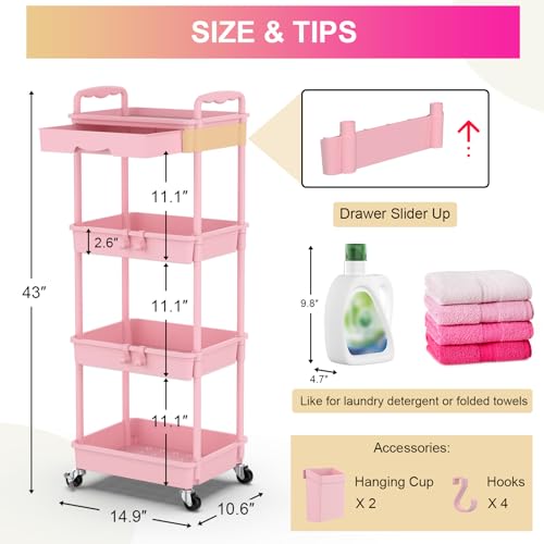 Goovilla 4 Tier Rolling Utility Cart Organizer with Removable Drawer, Pink - size: 4 Tier, style: Pink