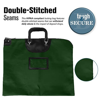 BankSupplies HIPAA Locking Courier Bags with Handles & Card Holder Keyed Differently - Forest Green - 19W x 15H - Durable Laminated Nylon Fabric - Metal Pop - color: Forest Green