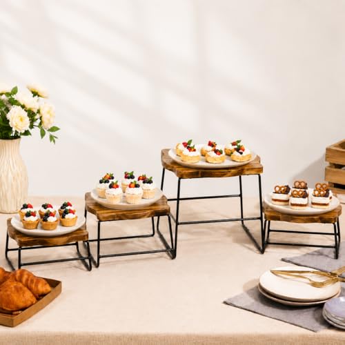 ZENFUN 4 Piece Wood Buffet Risers, Dessert Table Risers Food Display Riser, Pizza Pan Riser, Cupcake Stand & Wood Display Risers, Nesting Food Platter and Plate Holder