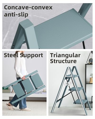HillhutApex 3 Step Stool Foldable Ladder,Aluminum Step Ladder - color: Light Blue