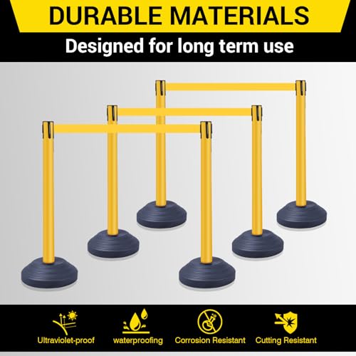 10 ft Crowd Control Stanchion Set, Yellow Crowd Control Barrier with Retractable Belts & Water-Filled Base, Queue Management Stanchion (6 Pack) - size: Water Filled Base-6 Pack