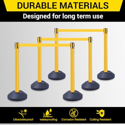 10 ft Crowd Control Stanchion Set, Yellow Crowd Control Barrier with Retractable Belts & Water-Filled Base, Queue Management Stanchion (6 Pack) - size: Water Filled Base-6 Pack