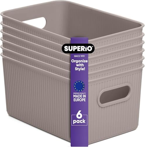 Decorative Plastic Basket Open Home Storage Bins Organizer Baskets, Medium Taupe (6 Pack) Container Boxes for Organizing Closet Storage Bins for Shelves Drawer Shelf - Ribbed Collection 5 Liter - size: 5 Liter