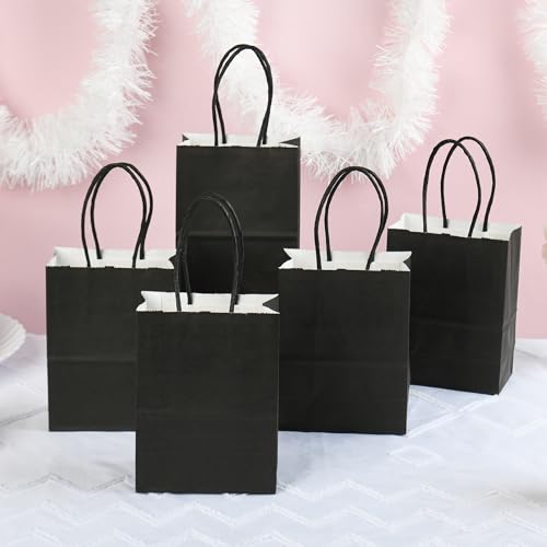 DjinnGlory 60 Pack Tiny Mini Black Paper Gift Party Goodie Bags with Handles Bulk 6.3 x 4.7 x 2.75 Inch for Halloween Birthday Favors Treats, DIY Crafts, Small Business Merchandise Kraft Bags - color: Black