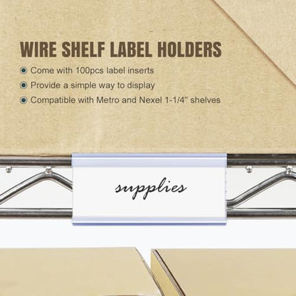 Lenink 100Pcs Wire Shelf Label Holders with 100Pcs Label Paper Inserts, Plastic Wire Rack Label Holder Compatible with Metro and Nexel 1-1/4in Shelves, Label Area 3in Lx1.25in H - color: Transparent, size: 3in (100 Pack)