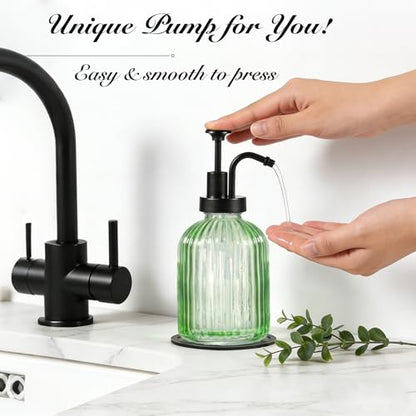 SheeChung 12oz Green Glass Liquid Soap Dispenser, Black Pump,Striped,1 Pack - color: Green, Black Pump, 1pc