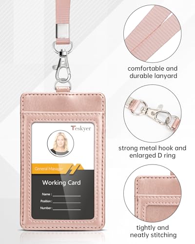 Teskyer Leather ID Badge Holder with Lanyard, Vertical Rose Gold - color: Rose Gold, size: Vertical