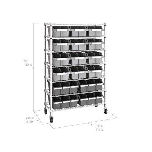 7-Tier NSF 16-Bin Steel Wire Shelving Rack, 36"W x 14"D x 56"H, Gray - color: Gray, size: Includes 16 Bins