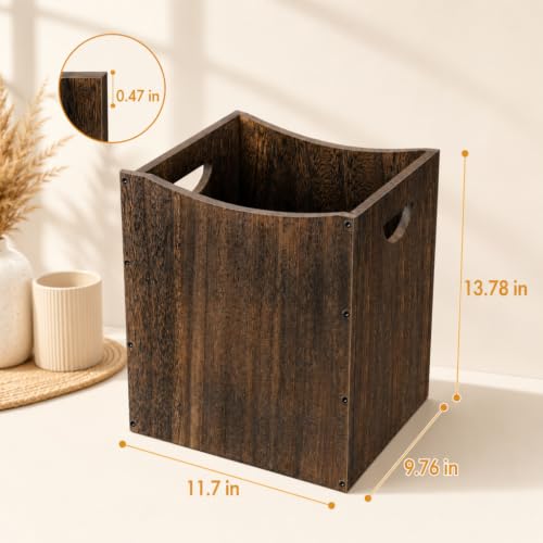 Vrisa Wood Trash Can 5.3 Gallon Office Wastebasket Farmhouse Rectangular Garbage Can with Built-in Handles Small Trash Can for Bedroom Office Kitchen Bathroom Under Desk Large Storage
