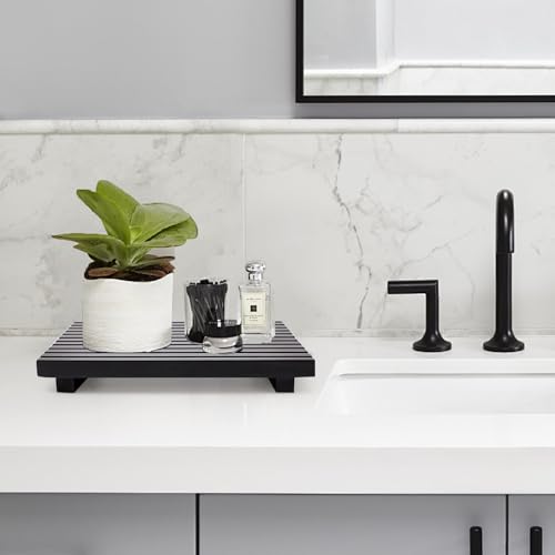 Black Bathroom Counter Tray Organizer Wood Riser Stand Kitchen Soap Holder - color: Black, size: 12x6.7 inch