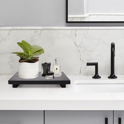 Black Bathroom Counter Tray Organizer Wood Riser Stand Kitchen Soap Holder - color: Black, size: 12x6.7 inch