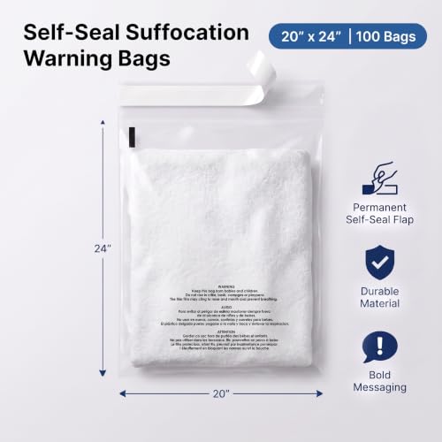 20" X 24" (100 Count) Self-Seal Clear Poly Bags With Suffocation Warning - size: 20" X 24"