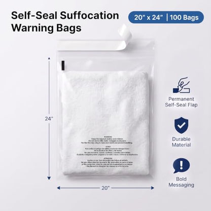 20" X 24" (100 Count) Self-Seal Clear Poly Bags With Suffocation Warning - size: 20" X 24"