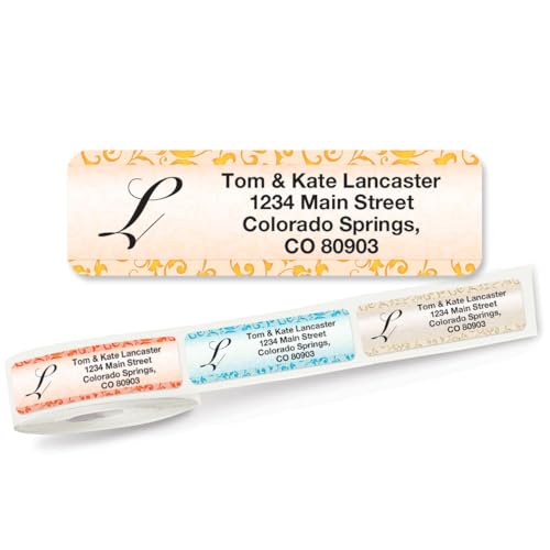 Stately Elegance Initial Rolled Personalized Return Address Mailing Labels with Dispenser, Set of 250, 5 Designs, Small ¾ x 2½ Inch Size, Custom Self-Adhesive Sticker Roll, by Colorful Images - color: Stately, size: Small