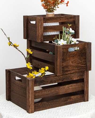 Set of 3 Nesting Wooden Crates, Small Rustic Farmhouse Wood Storage Boxes with Handles, Stackable Compact Organizer Bins for Kitchen Bathroom Bedroom Decor, 3 Sizes (Retro Brown)