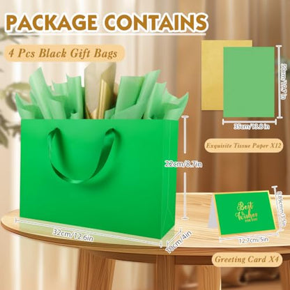Epoesch 4 Pack Medium Green Gift Bags with Handles and 12 Tissue Papers - color: Green Gift Bags