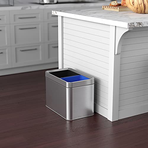 iTouchless 20 Liter / 5.3 Gallon Open Top Waste Trash Can & Recycle Bin with 2 Recycle Stickers, Dual Compartment Slim Stainless Steel Container - color: Silver with Black and Blue, 5.3 Gal