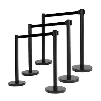 40" HT Retractable Belt Queue Safety Stanchions Barrier Combo Set (6 Posts with 10' Blk Belt & Flat Base) - color: 6 Posts With 10' Blk Belt & Flat Base