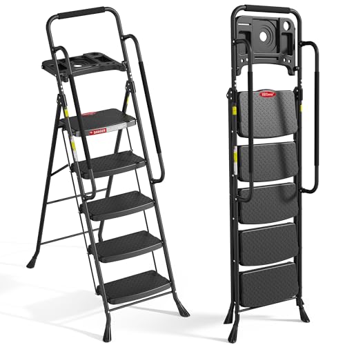 HBTower 5 Step Ladder, Folding Step Ladder with Handrails & Tool Tray