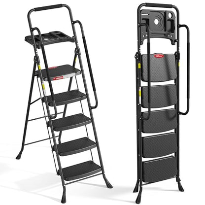 HBTower 5 Step Ladder, Folding Step Ladder with Handrails & Tool Tray