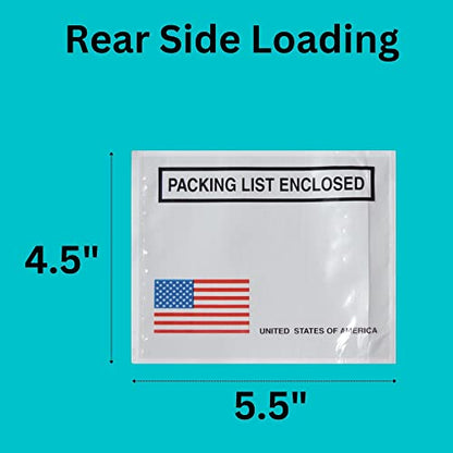 PSBM Clear Back Load Packing List Bags 4.5 x 5.5" USA Face 1000 Pcs, Waterproof Pouches for Packing Slips & E-Commerce