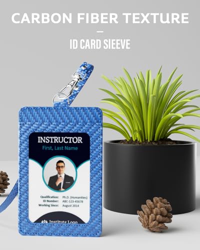 Carbon Fiber Work ID Card Holder with Lanyard, Blue - color: Blue