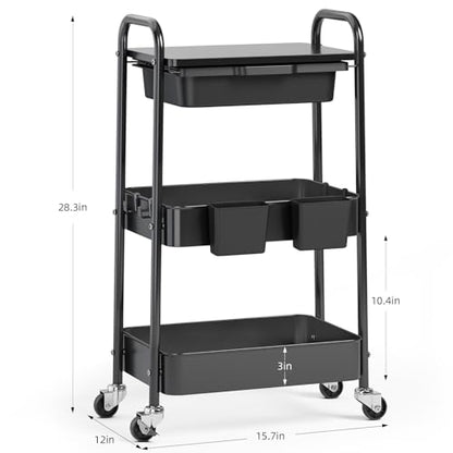 KINGRACK 3 Tier Metal Rolling Cart with Drawer, Black Utility Storage Cart - color: Black