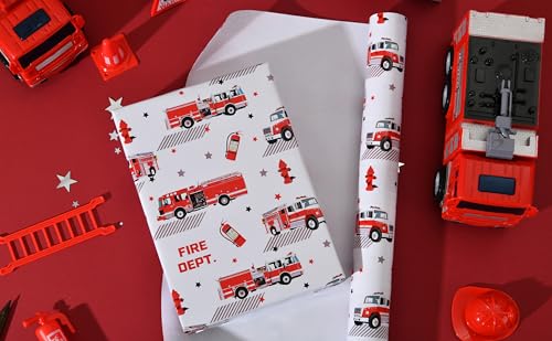 Sikiweiter Fire Truck Wrapping Paper Roll – 17 Inches x 16.5 Feet, Red Fire Engine Print, Perfect for Kids’ Birthday Parties, Firefighter-Themed Gifts & Celebrations(Fire Fighting Truck) - color: Fire Fighting Truck
