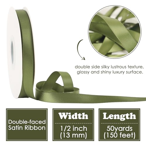 HUIHUANG 1/2 inch Moss Green Double-Faced Satin Ribbon Continuous 50 Yards - color: Moss Green, size: 1/2 inch