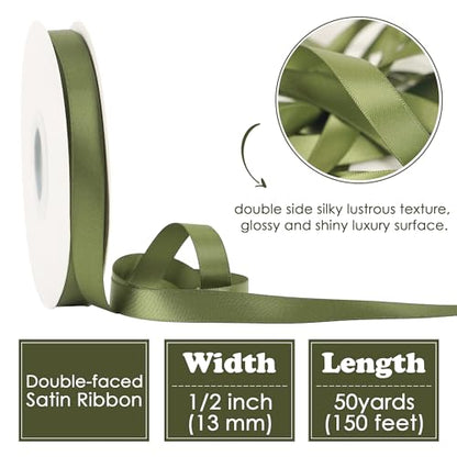 HUIHUANG 1/2 inch Moss Green Double-Faced Satin Ribbon Continuous 50 Yards - color: Moss Green, size: 1/2 inch