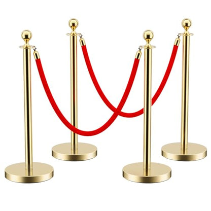 LOVMOR Stainless Steel Stanchion Post, 5 FT Red Carpet Ropes and Poles, 4 pcs Gold Stanchions with Red Rope, Hollow Base and Velvet Ropes Safety Barriers Set, Carpet Runner for Party - color: Gold-4pack