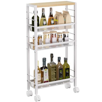 Slim Rolling Cart, 4-Tier Narrow Kitchen Storage Cart, Slim Utility Cart on Wheel, Skinny Bathroom Storage cart with Wood Tabletop, 6.0" Deep, for Kitchen, Living Room, Laundry Room, White - color: White