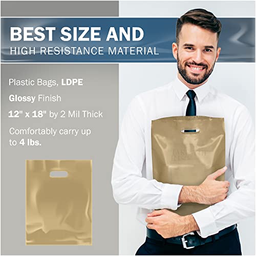 12x18 Gold Plastic Bags, Medium, Glossy Finish, 2 Mil Thick, 100 Pack