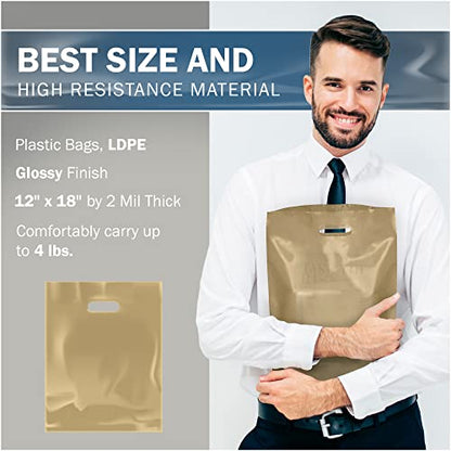12x18 Gold Plastic Bags, Medium, Glossy Finish, 2 Mil Thick, 100 Pack