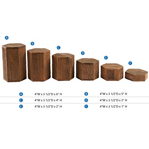 MOOCA 6-Piece Wood Hexagon Jewelry Display Stand Risers for Accessories - color: Brown, 6 Pieces