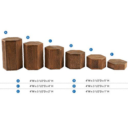 MOOCA 6-Piece Wood Hexagon Jewelry Display Stand Risers for Accessories - color: Brown, 6 Pieces