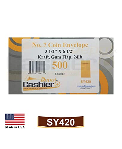 500 Cashier Depot - #7 Coin Envelopes, 3.5 x 6.5 Inches, Brown Kraft Paper, Gummed Flap Closure, for Cash, Receipts and Small Parts Storage, 500 Count